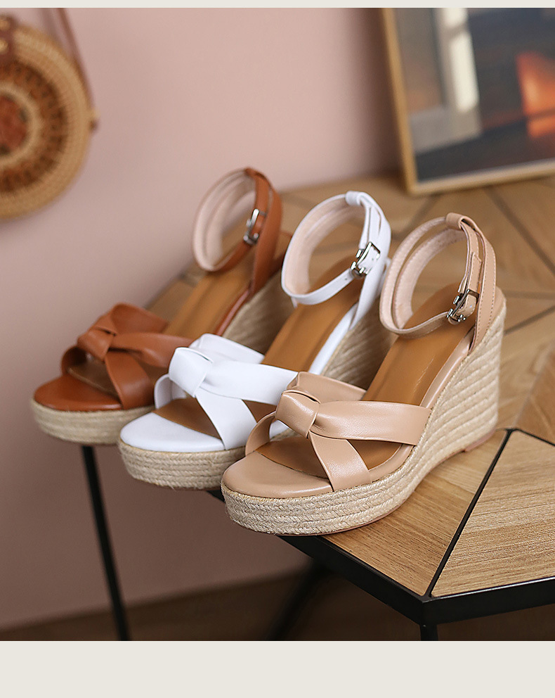 Sandal cao gót nữ hở mũi phong cách retro, đế xuồng cói kết hợp dây thừng gai dầu, gót 9.5 cm — nâu chi tiết 11