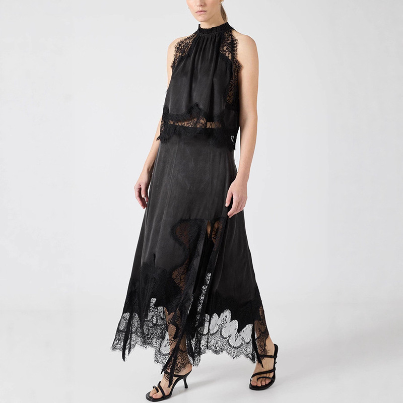 Crop Top+Skirt High Quality Lace Slit Skirt Lace Sleeveless Crop Top Women's Skirt Suit
