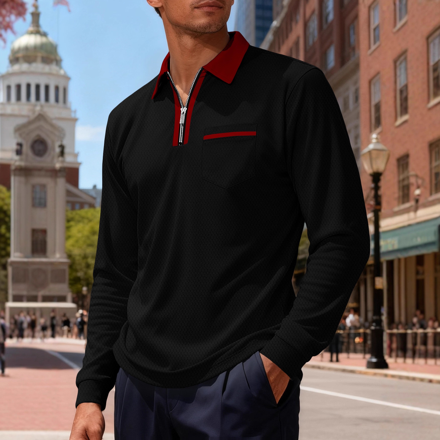 Nuevo nuevo transfronterizo Europa y América Amazon otoño de manga larga hombre bolsillo casual con cremallera casual polo image 3