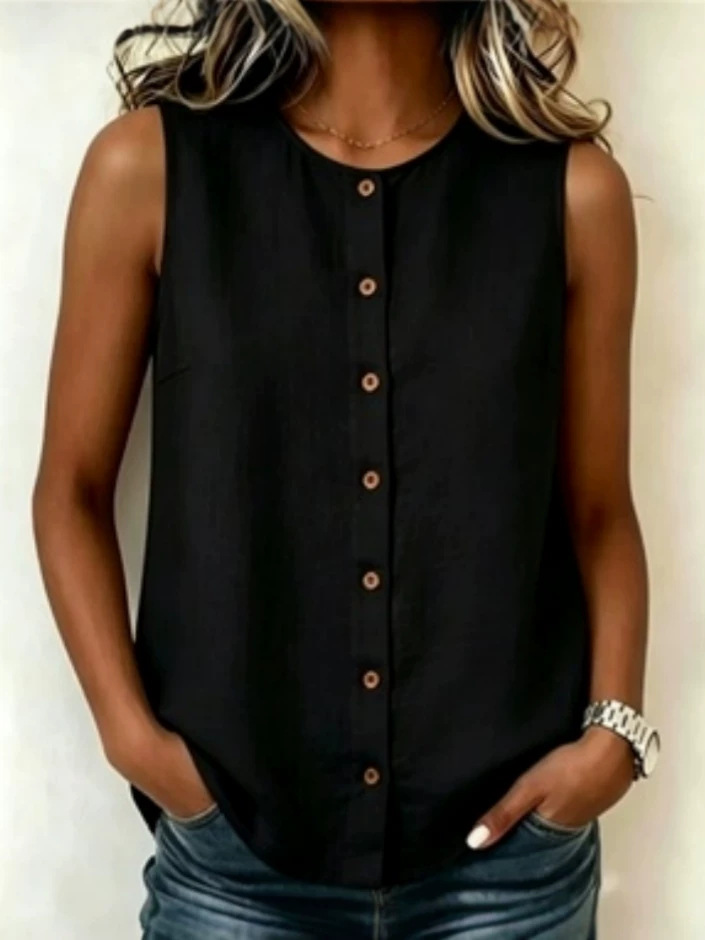 20026 / Amazon Europa y América populares transfronterizas chaleco casual de algodón camisa de mujer sin mangas botones de cuello redondo image 5