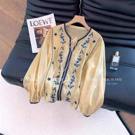 民族风刺绣系带长袖衬衫女夏2025新款设计感复古百搭薄款洋气上衣