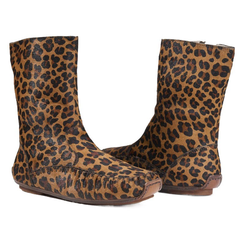 2024 осень-зима новый леопардовый рисунок конский мех женские туфли на голове кожаной подошве толстые каблуки на молнии моды Мартин сапоги женщины