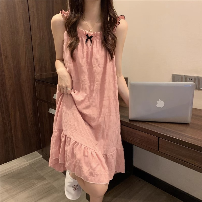 YZQ_Q304#서스펜더 스커트 작은 리본 핑크 가슴 패드 없음
