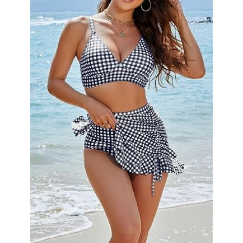2026 New Amazon Cross-Border Split Bikini Swimsuit Boxer Conservative Plaid Belly-Covering Slimming Look Swimsuit for Women