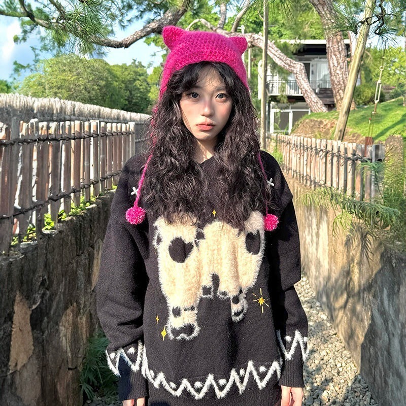 跨境韩系毛茸茸软糯绵羊提花黑色毛衣女秋冬宽松慵懒风长袖针织衫|undefined