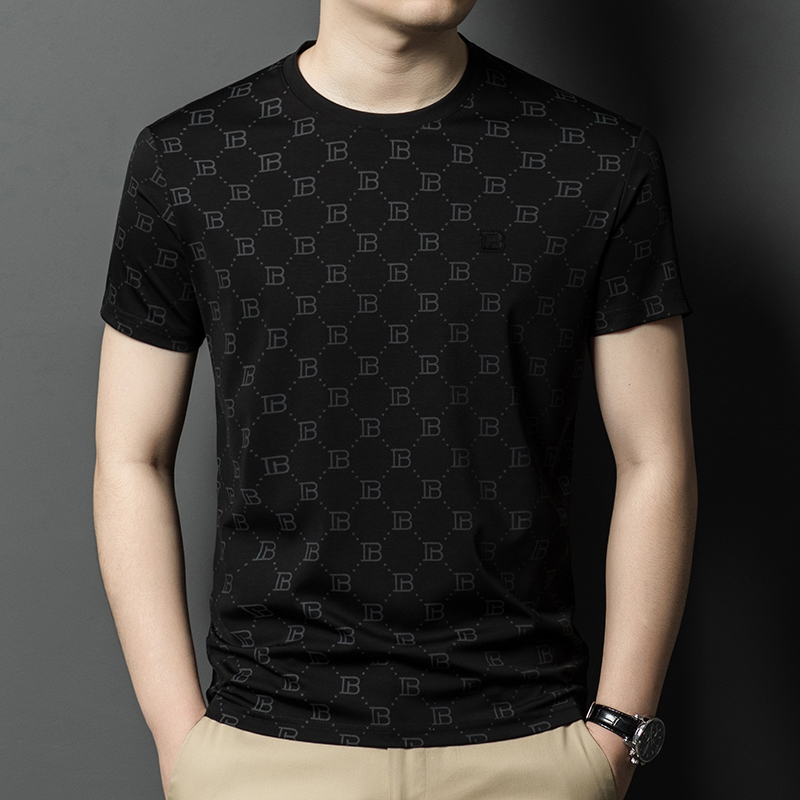 本物のロモンシルク半袖Tシャツメンズラウンドネックハイエンド若者と中年の薄いアイスシルク半袖Tシャツ。|undefined