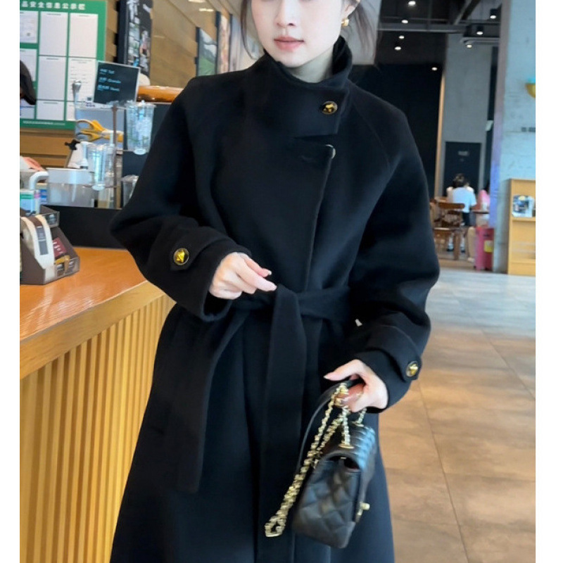 Classic Black Stand Collar Quilted Wool Coat for Women 2024 Autumn and Winter New Trendy Versatile Slimming Regular Shoulder Wool Coat