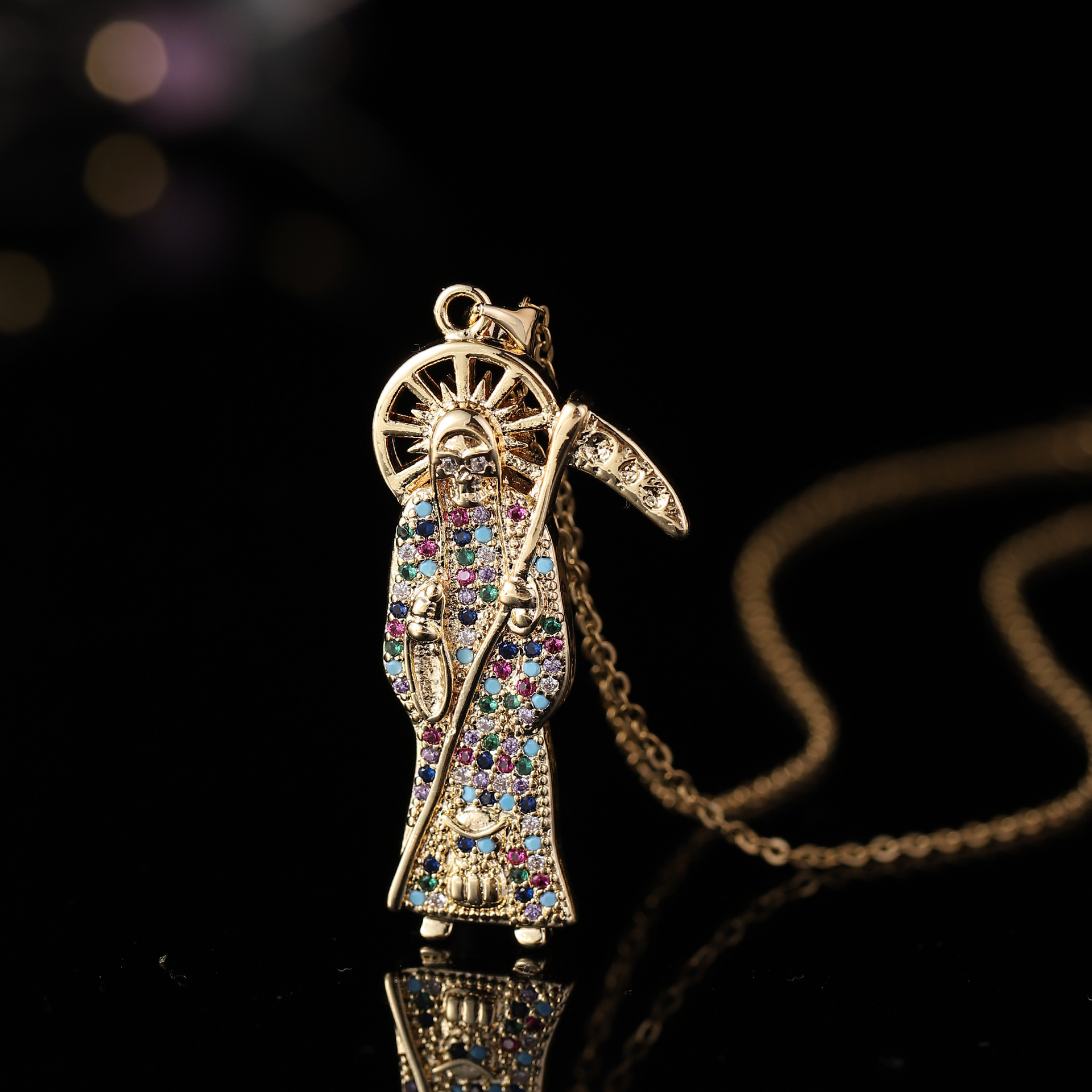 Nuevo estilo transfronterizo europeo y americano de cobre con incrustaciones de circón St. Jude God Hoz Reaper Skull Collar Colgante Joyas Joyas