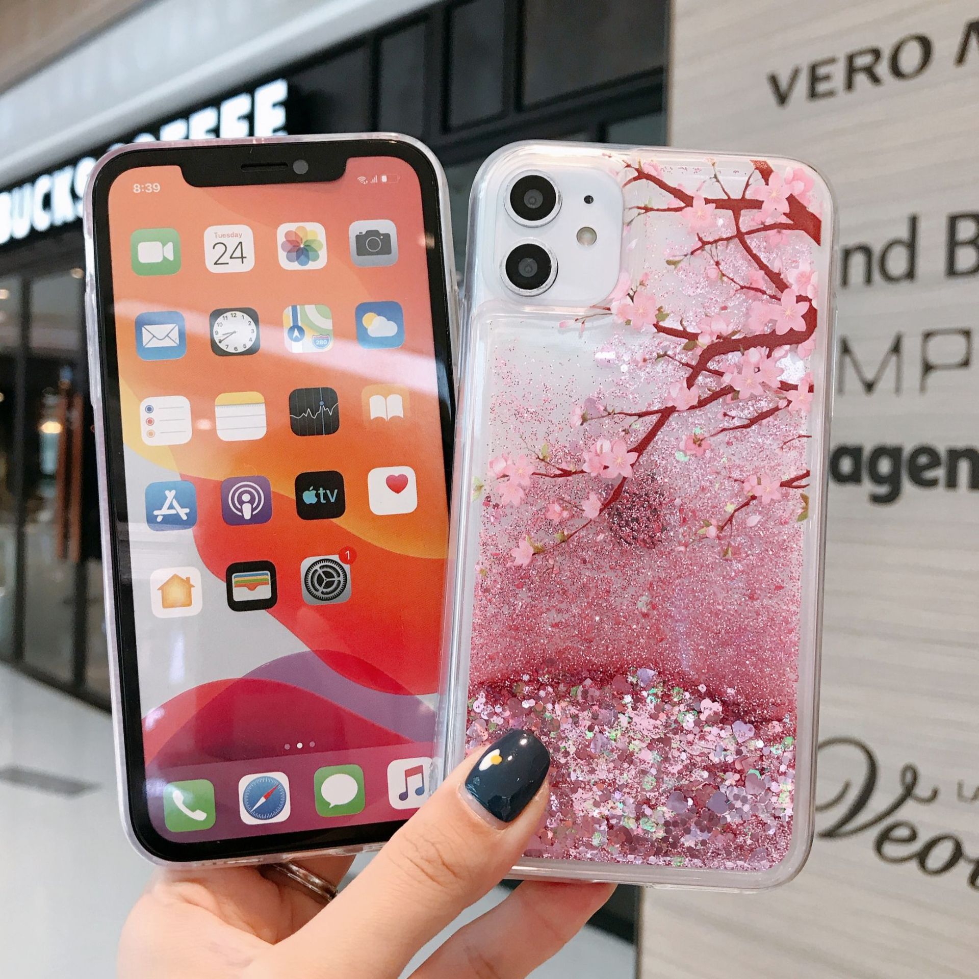 Creative iPhone 15 Peach Blossom Sparkling Pink Sand Phone Apple 14 Liquid Flowing Goddess Soft Case_voghion.com