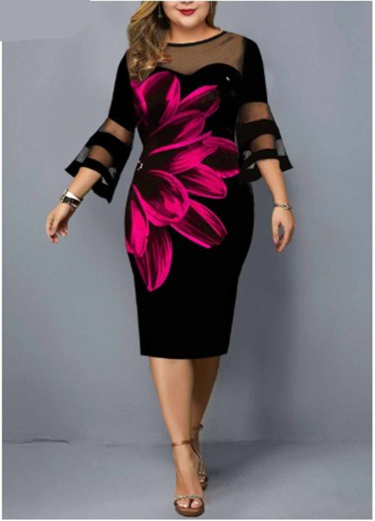 Regular Sleeve Sleeve Type Wholesale Fashion Streetwear Printing Patchwork Net Yarn Floral Holiday Round Neck 3/4 Length Sleeve Pencil Skirt