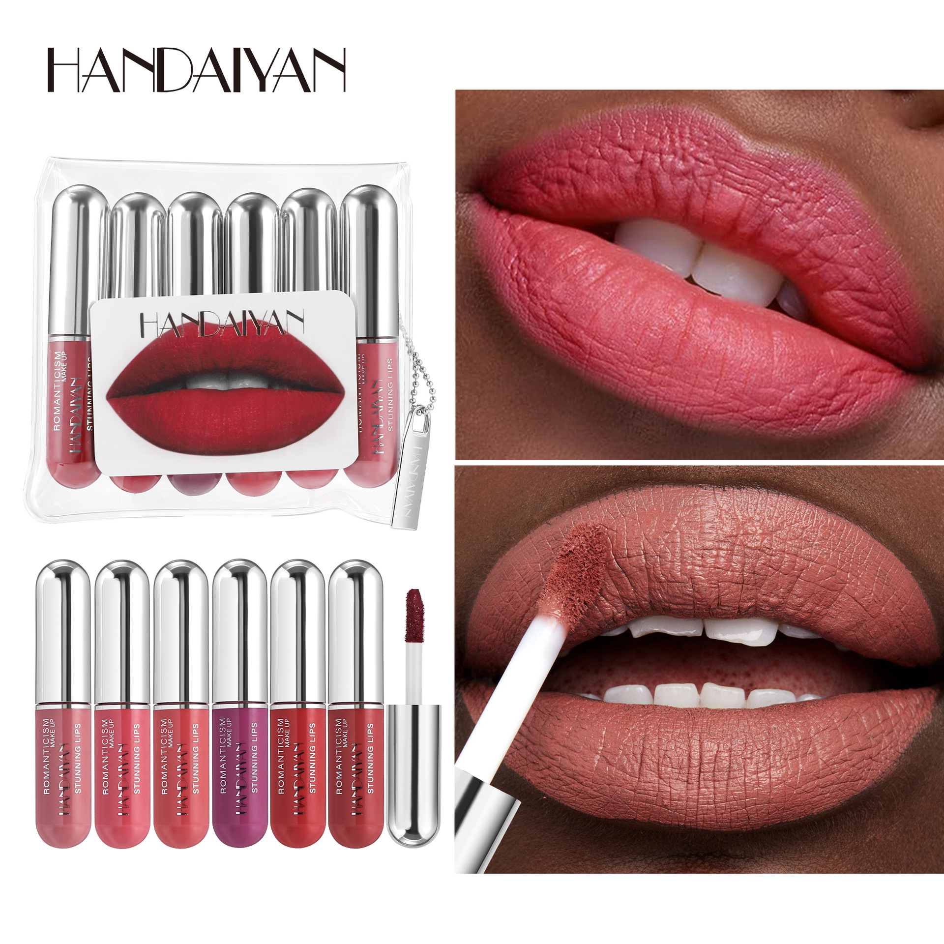 Transfronterizo cápsula 6 conjuntos de brillo labial HANDAIYAN impermeable mate cápsula de esmalte labial conjunto