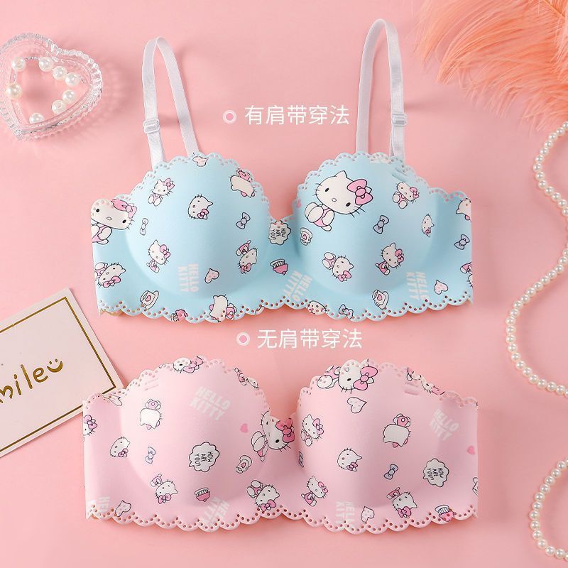 Original Kt Cat Cartoon Strapless Intimates Small Breast Push-Up Sweet and Cute Girl Top-Up Anti-Sagging Beautiful Back Bra