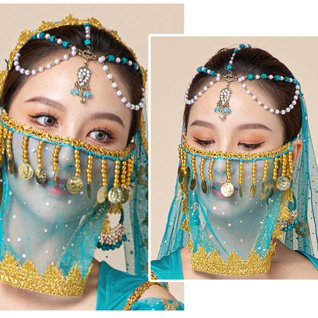 Indian dance belly dance woven veil round teardrop headdress tassel head chain Bohemian ethnic retro style