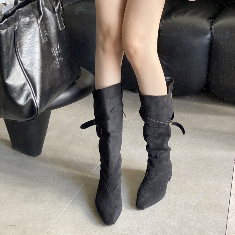 2025春秋新款小众设计感杏色绒面骑士靴方头低跟皮带扣长靴高筒靴|undefined