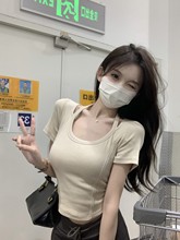 2023夏季女士韓版純欲芭蕾風修身掛脖魚骨設計感短袖T恤女上衣潮