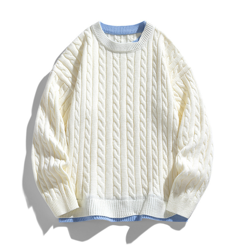 Al por mayor transfronterizo falso suéter de dos piezas para hombres más vello grueso calentamiento flor de lino grueso manga larga camiseta de punto ocio ancho