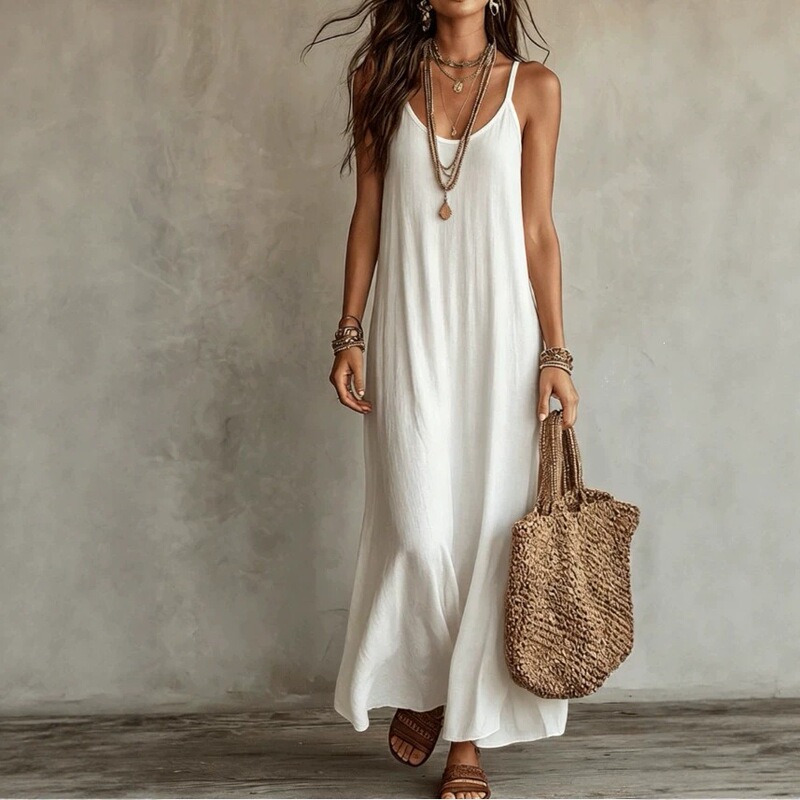 2026 Cross-Border European and American Amazon Bohemian Vacation Style Pure Color Suspender V-Neck Women's Dress