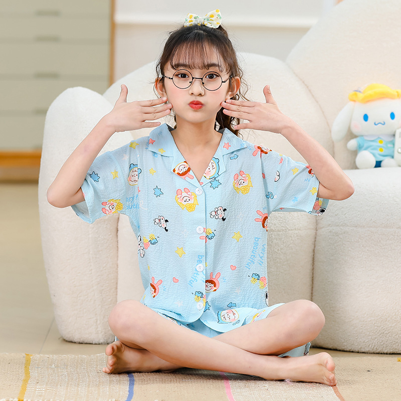 Pijamas infantiles niñas de manga corta verano espuma tejida tela arrugada dibujos animados niñas niños mayores cubierta de ropa de bebé