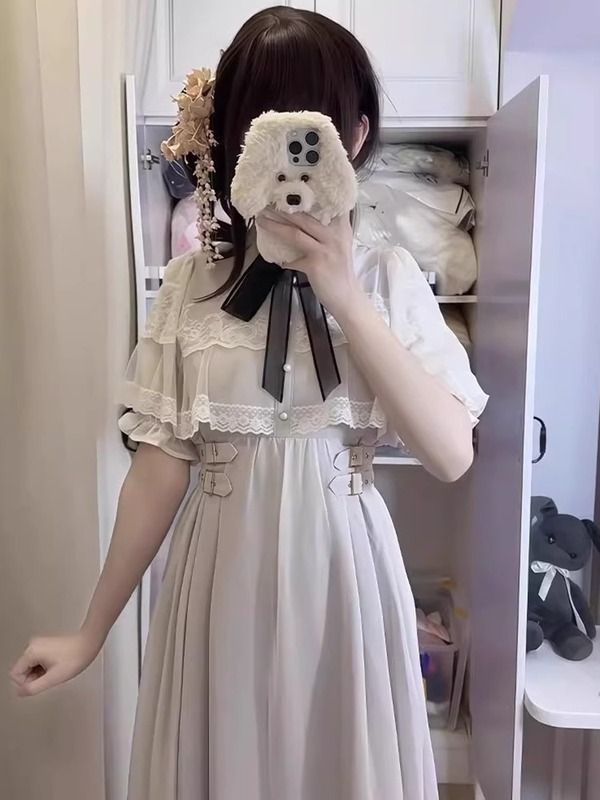 日系甜美蝴蝶结斗篷连衣裙女夏季2025新款千金感蕾丝拼接收腰长裙|undefined