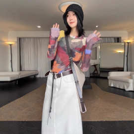 法式印花网纱长袖T恤女夏季薄款宽松显瘦百搭防晒罩衫高级感上衣