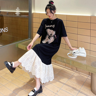 Real shot in stock 2025 summer new/plus size long paper stitching embroidered lace skirt short sleeve dress