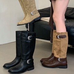 2025新款宽筒真皮厚底骑士靴女冬胖mm大筒围长靴长筒靴高筒西部靴
