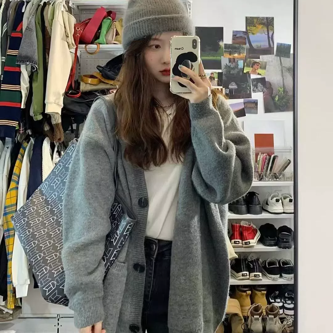 SAULBASS Серый свитер с v-образным вырезом куртка женский весна осень новый маленький маленький свободный ленивый трикотажный кардиган