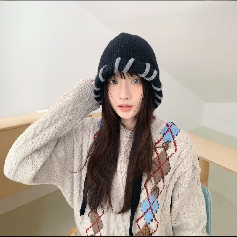 批发25年早秋新款可爱拼色流苏针织帽子女防寒保暖高品质毛线帽潮|undefined