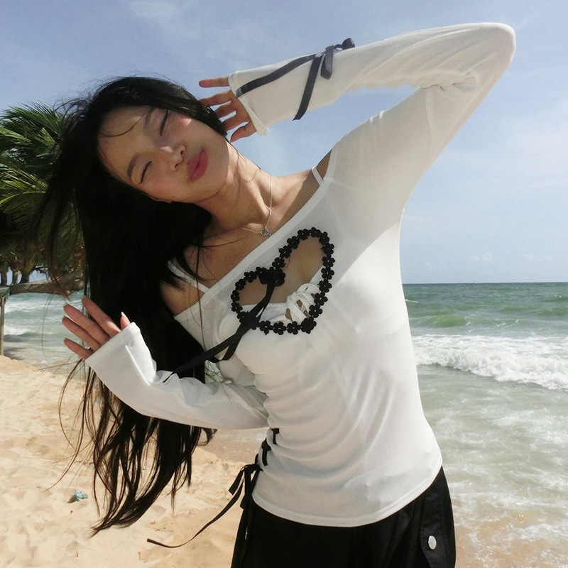 Off Shoulder Hollowed Heart Shape Lace Ribbon Slim Fit Slimming Contrast Color Top Women Long Sleeve Sexy 6 Off Shoulder Hollowed Heart Shape Lace Ribbon Slim Fit Slimming Contrast Color Top Women Long Sleeve Sexy