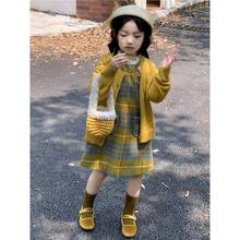 韩版女童2025秋季新款复古格子毛呢背心裙小女孩黄色针织毛衣开衫