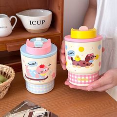 咖啡保温杯卡通办公室桌面小巧水杯女生高颜值可爱双饮吸管杯子