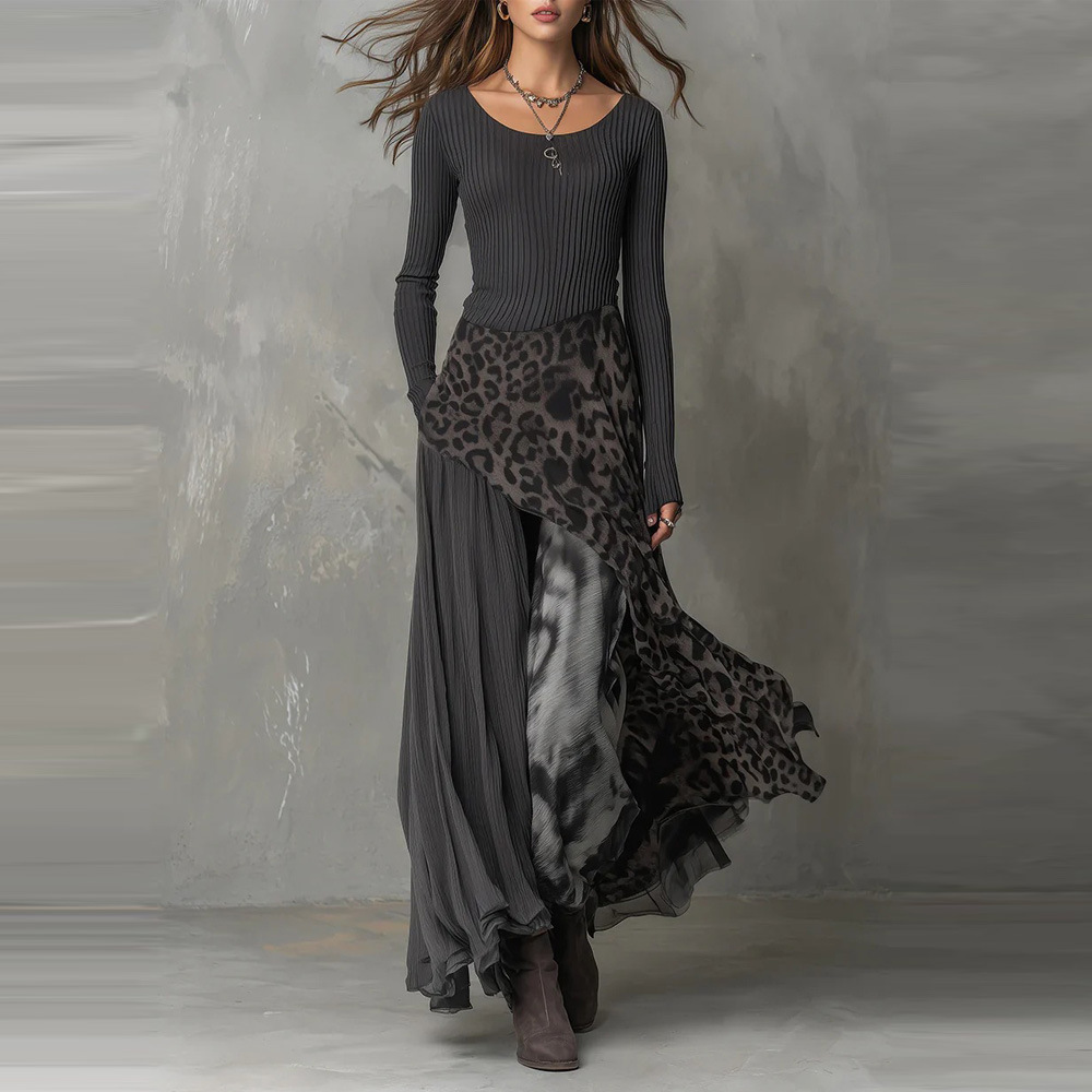 Cross-Border Foreign Trade Amazon Independent Site 2025 New European and American Leopard Print Slim-Fit Elegant Casual Dress for Women