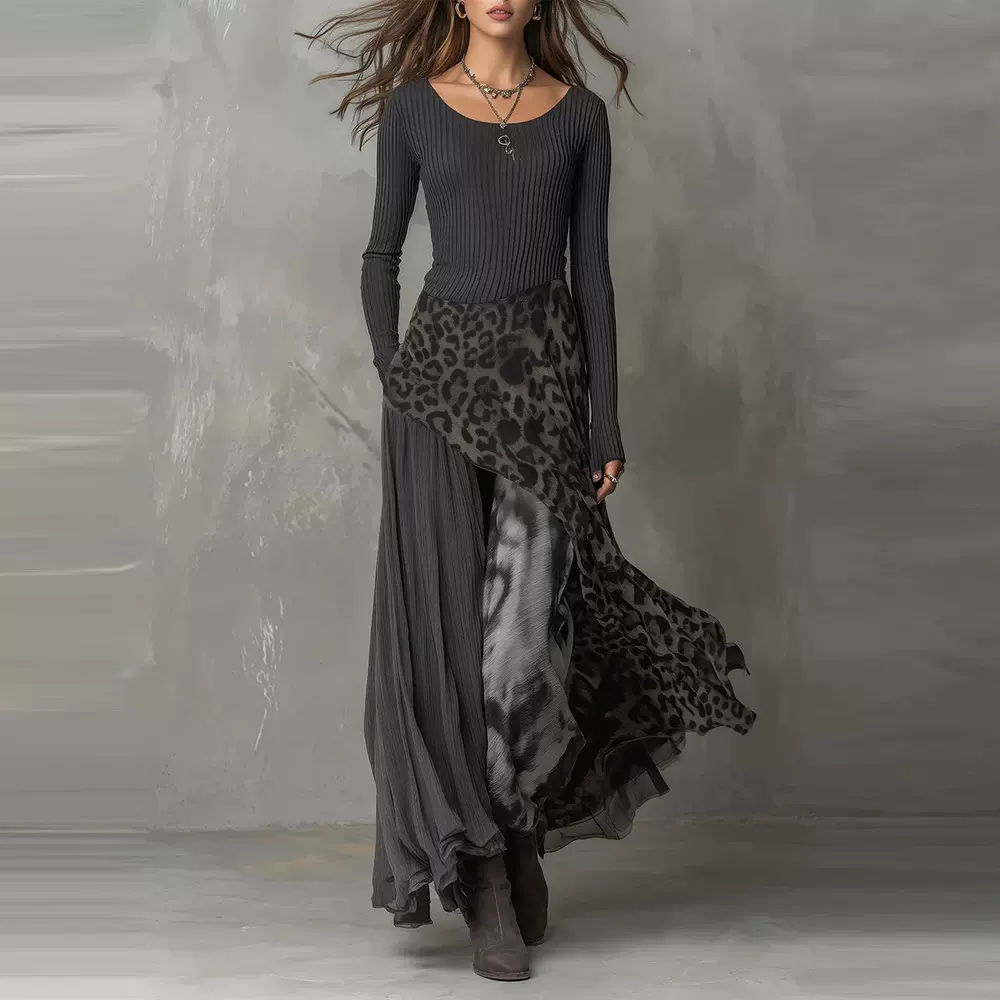跨境外贸亚马逊独立站2025新款欧美豹纹修身气质大摆休闲连衣裙女