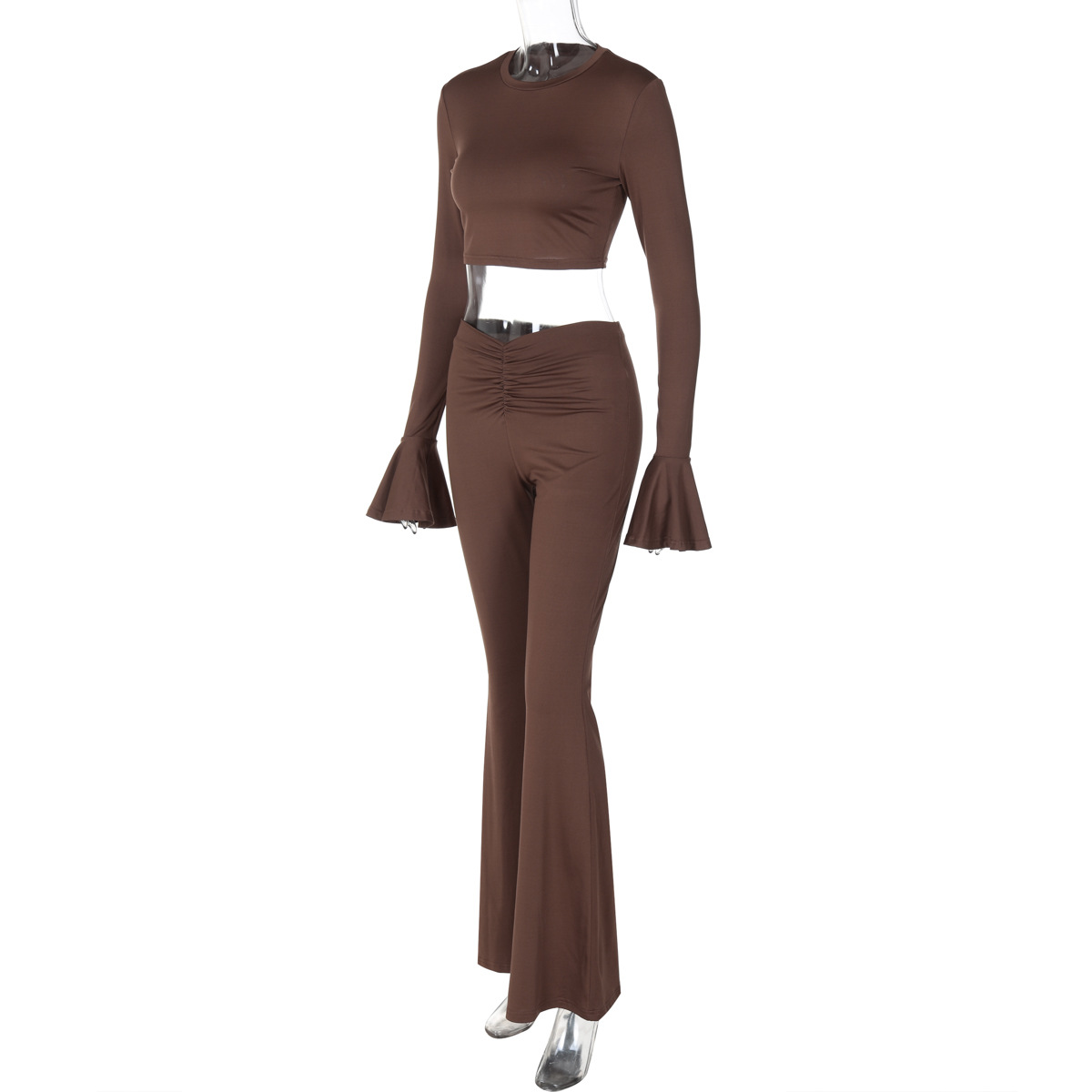 Autumn Winter Solid Color Ruffles Long Sleeve Pleated Slim Trousers Sets
