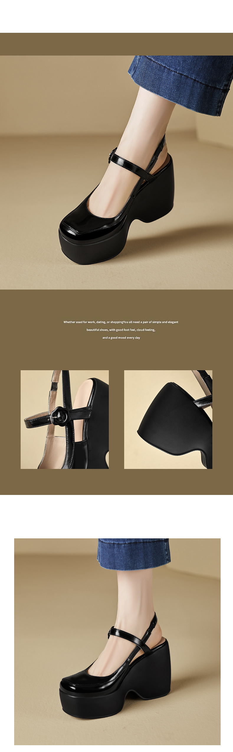 Sandal Mary Jane đế xuồng da thật bít mũi gót cao 9 cm cho nữ — Màu đen, Màu trắng be chi tiết 8