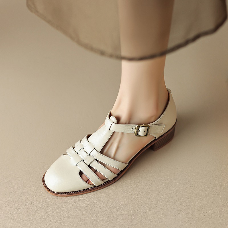 Dép sandal nữ mũi kín quai chữ T dệt kiểu La Mã, gót dày — Màu nâu đậm