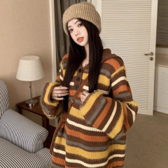2025年冬季韩版连帽宽松慵懒风休闲复古撞色条纹连衣裙女长款裙子