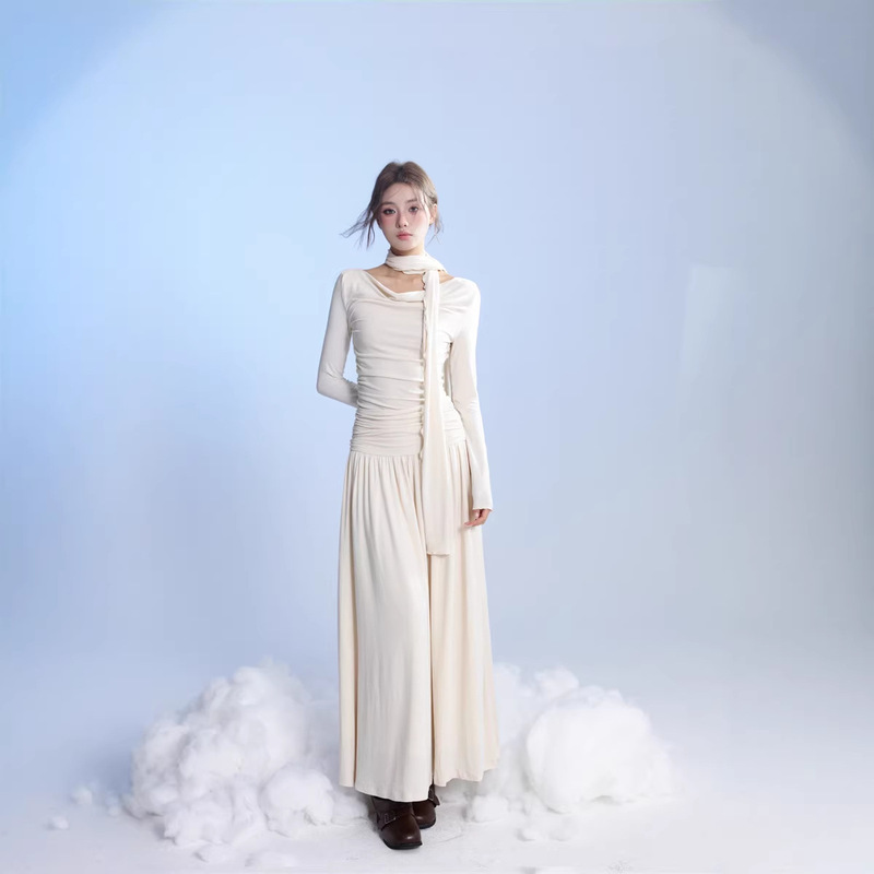 Soft Swung Collar Pleated Brushed Knitted Halterneck Dress Lazy Long Skirt