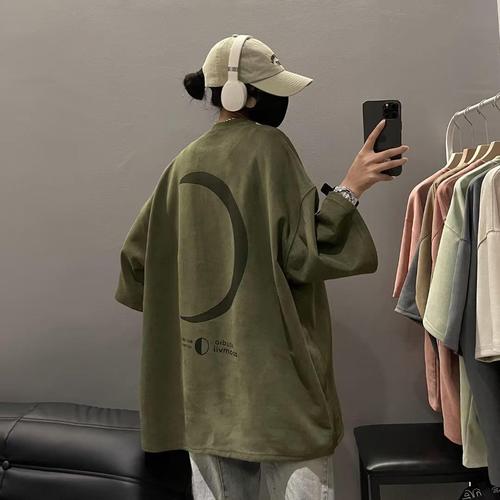 Heavyweight American vintage suede short-sleeve T-shirt for men, trendy brand, oversized military green five-sleeve summer