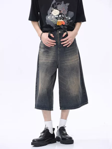 American Retro Loose Silhouette Washed Distressed Cropped Denim Shorts for Men Summer High Street Design Wide-Leg Mid-Pants