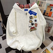 秋季休闲时髦灰色卫衣拉链开衫男女童慵懒风穿搭连帽外套潮流卫衣