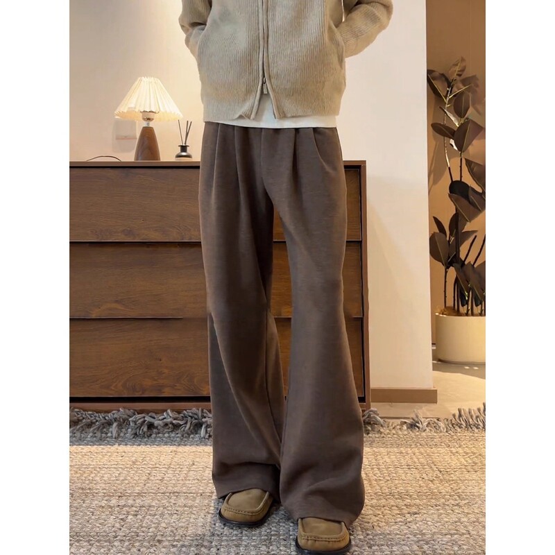 Maillard Brown A-Line Wide-Leg Pants for Men, Autumn and Winter Thick Heavy Brushed Straight-Leg Flared Casual Pants