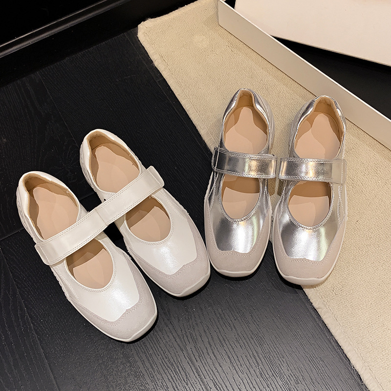 Cowhide Leather Silver Mary Jane Shoes for Women, 2026 Spring New Casual Fashion Velcro Ballet Shoes