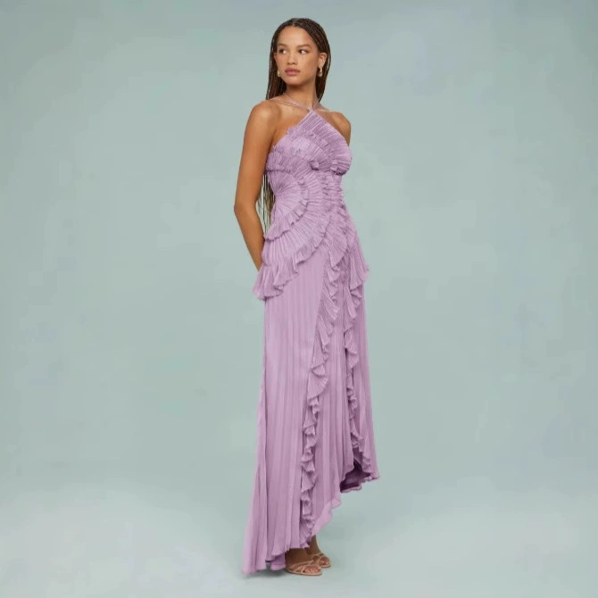 Трансграничная поставка стильных шифоновых платьев для женщин, плиссированный дизайн с рюшами, утягивающая юбка средней длины, европейская и американская быстрая мода.