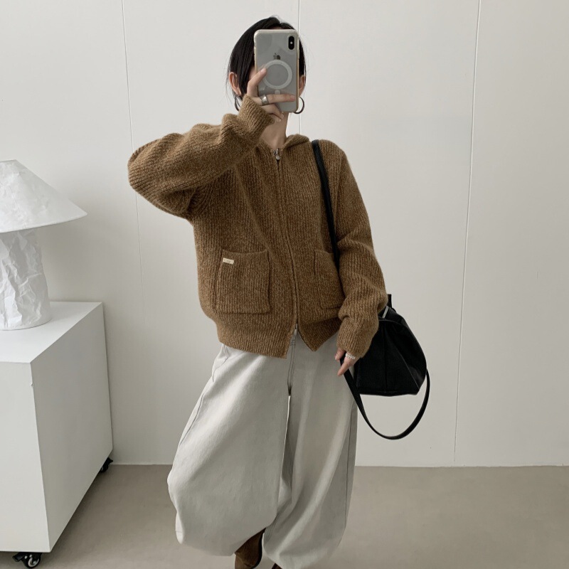 双拉链毛衣外套女秋冬2025新款慵懒风高级感宽松连帽针织开衫上衣|undefined