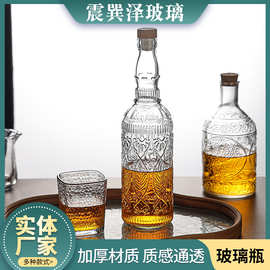 复古玻璃酒瓶现货批发复古田园风带木塞玻璃酒瓶欧式雕花玻璃酒瓶