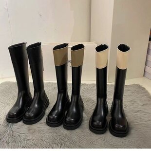 Big Sale Processing~Thick-Soled Color-Blocked Long Knight Boots for Women 2024 Autum New High-Top Soft Leather Boots