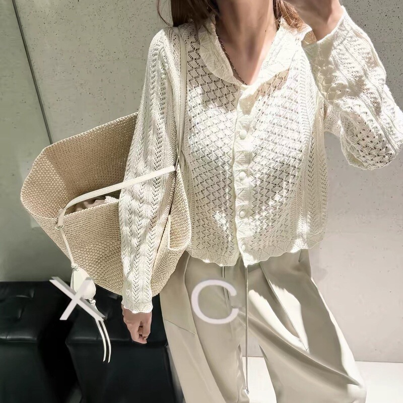 Japanese-style heavy-duty handmade crochet lace collar hollow-out long-sleeve cardigan for women, thin knitted top in white, direct from the factory Japanese-style heavy-duty handmade crochet lace collar hollow-out long-sleeve cardigan for women, thin knitted top in white, direct from the factory