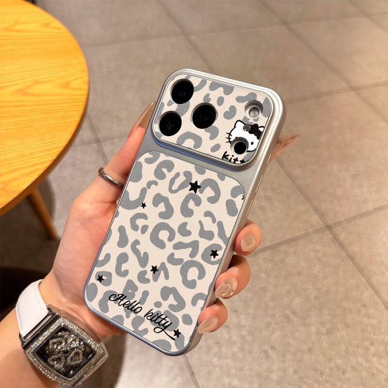 Gray leopard print KT cat iPhone 17 Pro Max phone case suitable for Apple 16, large window, cute for 15, shockproof for 14