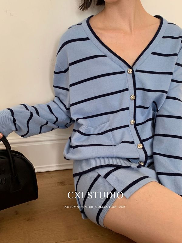 CXI 两色条纹小香针织开衫短裙两件套秋季V领开衫百搭显瘦外套女|undefined